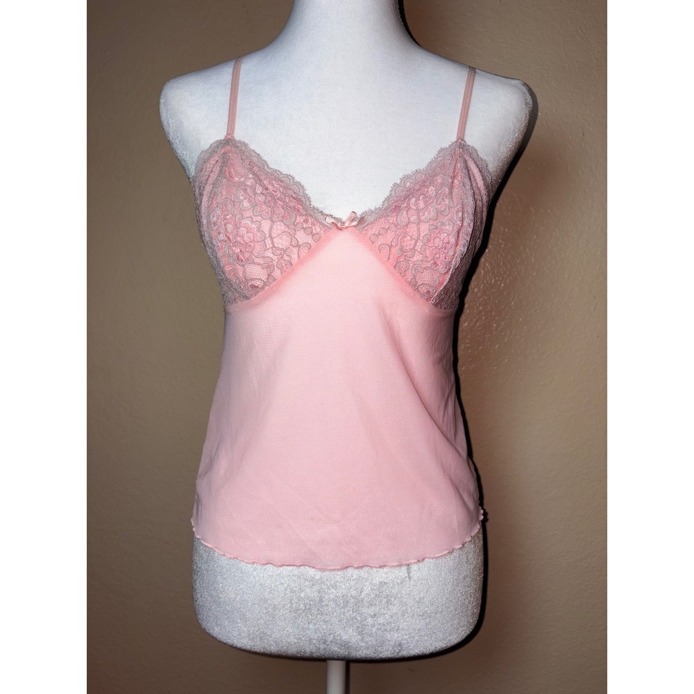 Y2K Sensari Pink Mesh Lace Trim Camisole Top Adjustable Straps Size M